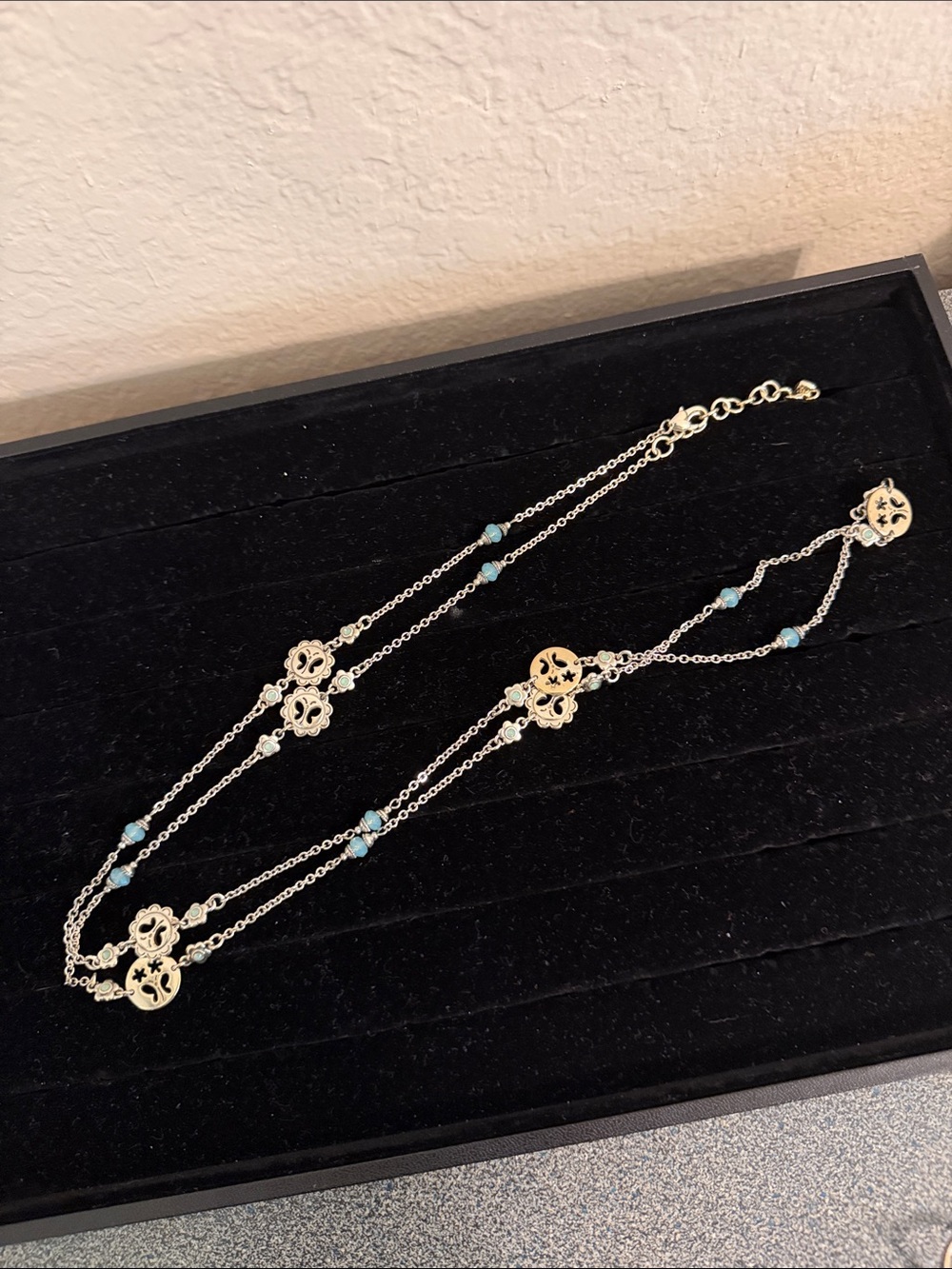 Brighton Silver long Chain Necklace with Turquoise and butterfly Beads